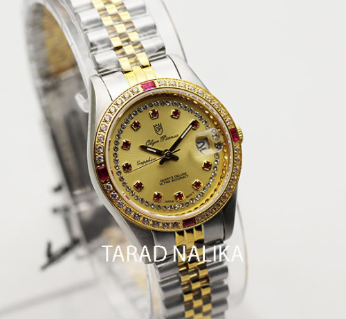 นาฬิกา Olym pianus lady sapphire sportmaster 6832L29-404E 2K หน้าทอง ขอบพลอยล้อม 28 มม 1