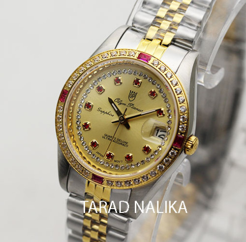 นาฬิกา Olym pianus lady sapphire sportmaster 6832L29-404E 2K หน้าทอง ขอบพลอยล้อม 28 มม
