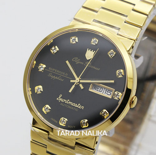 นาฬิกา Olym pianus sportmaster automatic sapphire 8909AM-434 เรือนทอง หน้าปัดดำ หลักพลอย