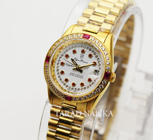 นาฬิกา Olym pianus Lady Crystal Shapphire 68322-403E เรือนทองพลอยล้อมหน้าปัดขาว