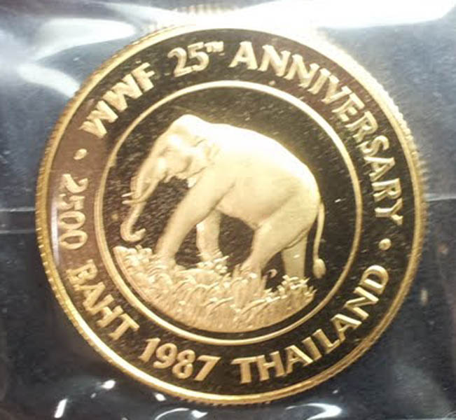 เหรียญ 25 ปี อนุรักษ์สัตว์ป่าโลก (ช้างไทย) ปี 2530  ทองคำขัดเงา สภาพเยี่ยม