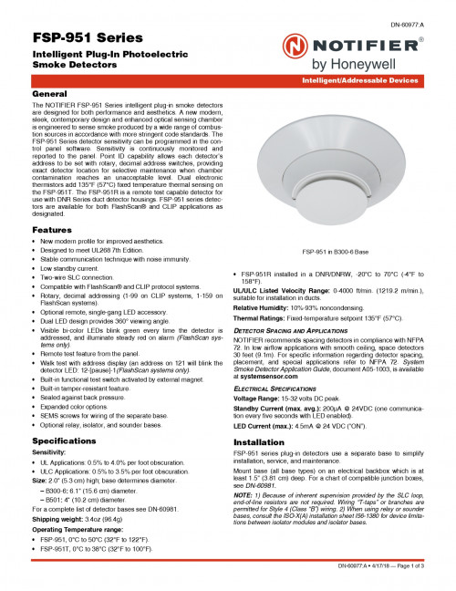 NOTIFIER FSP951IV Intelligent Addressable Photo detector / Ivory with