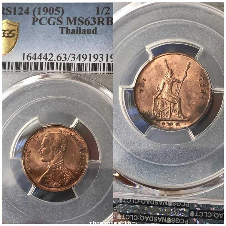 เหรียญทองแดงชนิด โสฬส สมัย รัชกาลที่ 5 ร.ศ.124 เกรด MS63RB