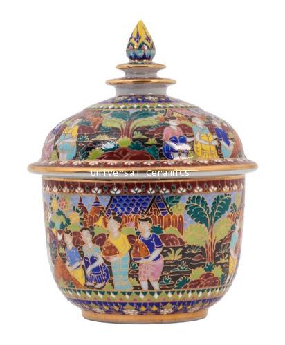 โถเบญจรงค์ 5 นิ้ว ราคาถูก ลายประเพณีก่อพระทราบ พื้นดำ