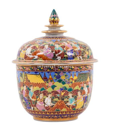 โถเบญจรงค์ 6 นิ้ว ราคาถูก ลายประเพณีก่อพระทราย พื้นดำ (พิเศษ)