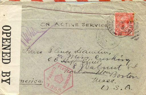 ซองจดหมายเซ็นเซอร์ส่งจากอังกฤษไปอเมริกา 1916