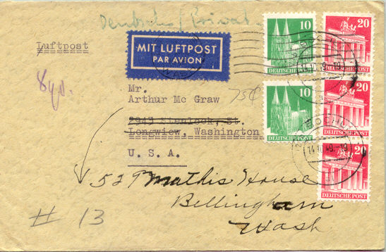ซองจดหมายส่งจากเยอรมันไปอเมริกา ปี 1949