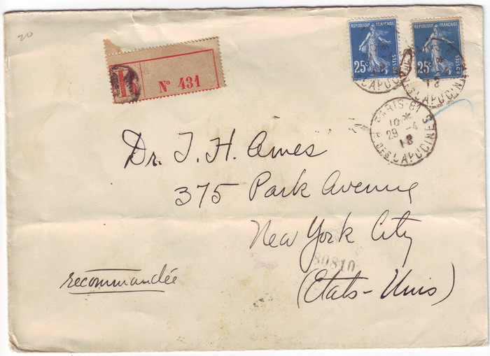 ซองจดหมายเก่าหายากส่งจากฝรั่งเศสไปนิวยอร์ก ปี 1918