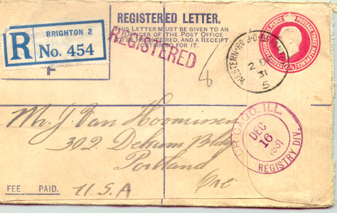 ซองจดหมายลงเบียน ปี 1931 ส่งจากสหราชอาณาจักรไปอเมริกา