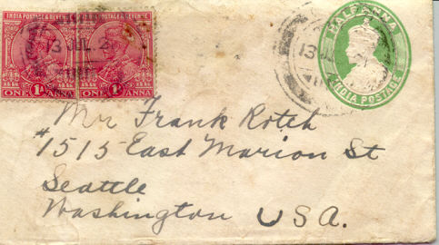 ซอง Postal Stationary ส่งจากอินเดีย ไปอเมริกา ปี 1921