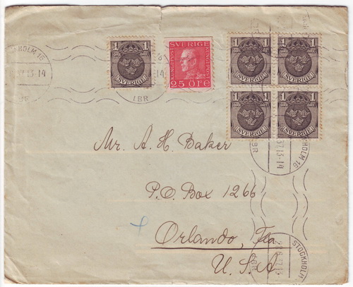 ซองจดหมายส่งจากสวีเดน ไปอเมริกา ปี 1913