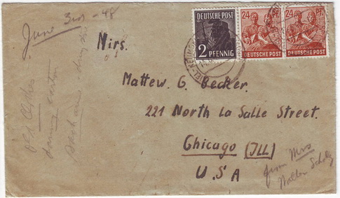 ซองจดหมายเก่า ส่งจากเยอรมันไปอเมริกา ปี 1948 0