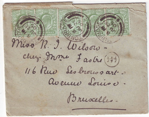 ซองจดหมายเก่า ส่งจากอังกฤษไปบรัสเซล เบลเยี่ยม ปี 1905