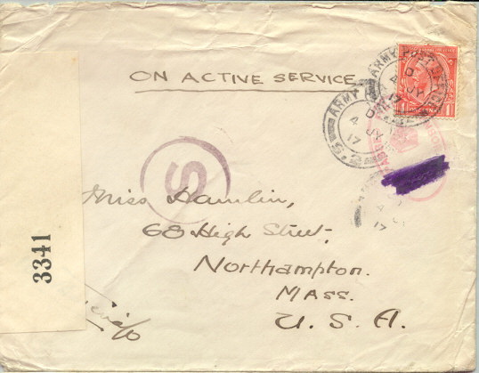 ซองจดหมายเก่า เป็นซองเซ็นเซอร์ โดยไปรษณีย์ของกองทัพอังกฤษ ส่งไปเอมริกา ปี 1917