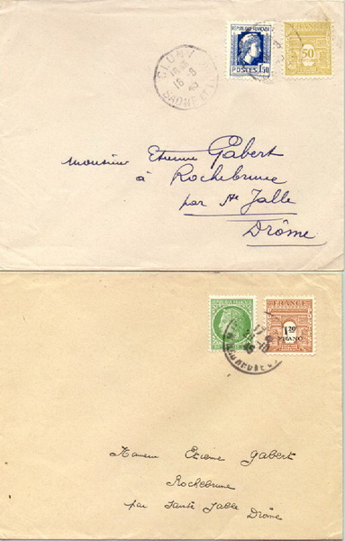 ซองจดหมายเก่าประเทศฝรั่งเศส ปี 1945 2 ซอง