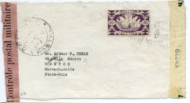 ซองจดหมายเก่า ซองเซ็นเซอร์ ส่งจากตาฮิติ ไปอเมริกา ปี 1944