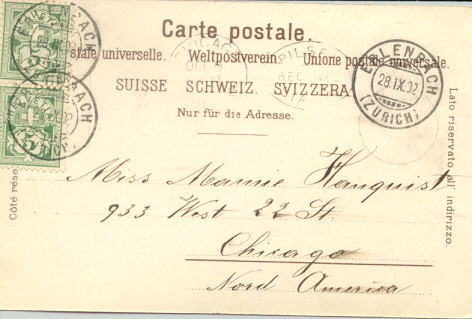 โปสการ์เก่า หายาก ส่งจากประเทศสวิสเซอร์แลนด์ ไปอเมริกา ปี 1902