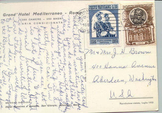 โปสการ์ดเก่า ส่งจากนครวาติกัน กรุงโรม ไป อเมริกา ปี 1957 หายาก