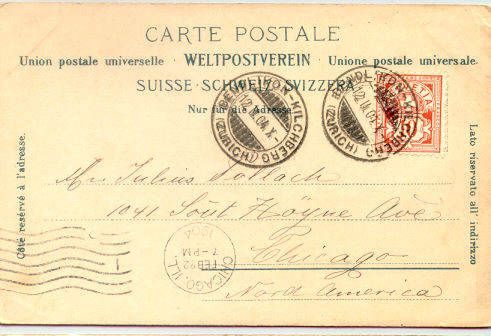โปสการ์เก่า หายาก ส่งจากประเทศสวิสเซอร์แลนด์ ไปอเมริกา ปี 1904