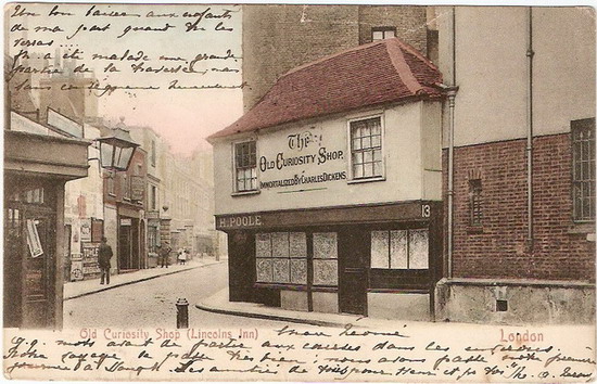 โปสการ์ดเก่าประเทศอังกฤษ ปี 1904 รูป Old Curiosity Shop London ส่งไปฝรั่งเศส