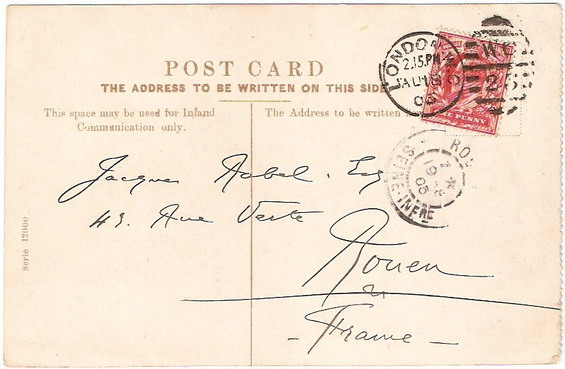 โปสการ์ดเก่าประเทศอังกฤษ ปี 1905 ส่งไปฝรั่งเศส 1