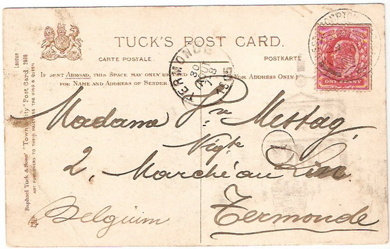 โปสการ์ดเก่าประเทศอังกฤษ ปี 1905 ส่งไปประเทศเบลเยี่ยม 1