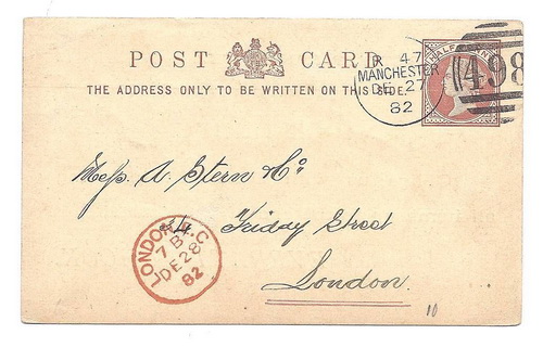 011 โปสการ์ดเก่าประเทศอังกฤษ ปี คศ. 1882 (พ.ศ. 2425 ตรงกับรัชสมัย ร.5) โปสการ์ดราคาครึ่งเพนนี