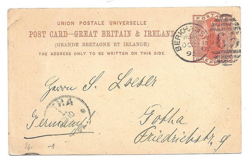 012 โปสการ์ดเก่าประเทศอังกฤษ ปี ค.ศ. 1895 (พ.ศ. 2438 ตรงกับรัชสมัย ร.5) ราคา 1 เพนนี ส่งจากเมือง BER