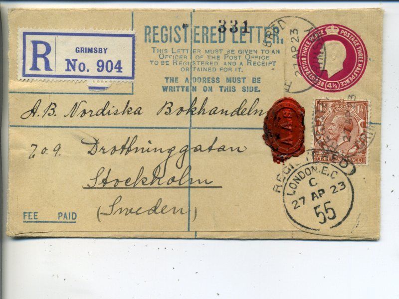 025 จดหมายติดแสตมป์เก่าประเทศอังกฤษ ปี ค.ศ. 1923 (พ.ศ.2466 สมัยรัชกาลที่ 6) registered letter ราคา 4
