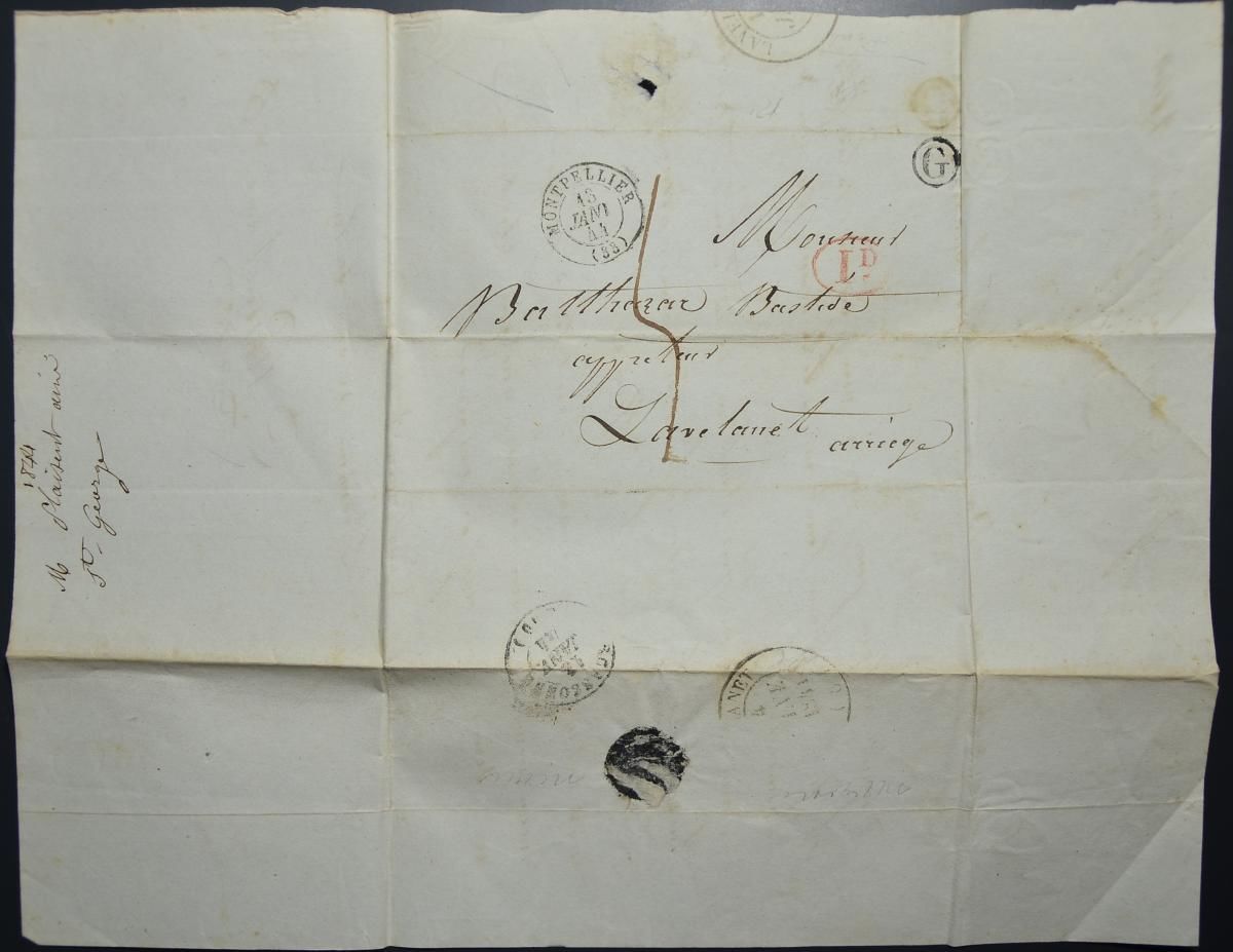 048 จดหมายเก่ามากไม่ติดแสตมป์ (Stampless Cover) ประเทศฝรั่งเศส ปี ค.ศ. 1844 (พ.ศ.2387 สมัยรัชกาลที่