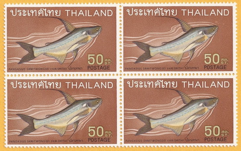 แสตมป์ชุดปลาไทยชุดที่ 2 ปี พ.ศ. 2511 ดวงราคา 50 สต. ปลาเทพา บล็อกสี่ ขาวมาก