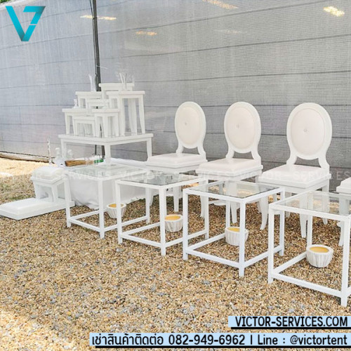 *เซทอิ่มธรรม* เช่าชุดพิธีสงฆ์ โต๊ะหมู่+เก้าอี้ไม้9ที่(อาสนะ) สีขาวล้วน อุปกรณ์ครบชุด