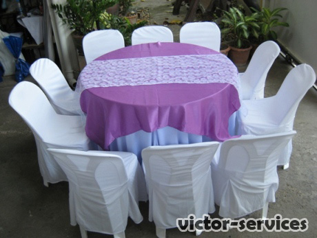 เช่าโต๊ะจีน -เก้าอี้พลาสติกคลุมผ้า ผูกโบว์สีม่วง 5
