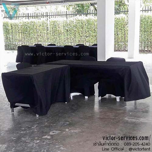 เช่าโต๊ะ - โต๊ะเหลี่ยมหน้าขาว(คลุมผ้ายาวถึงพื้น - สีดำ) 1