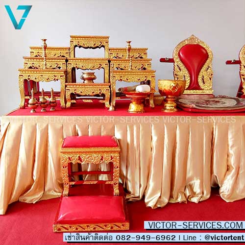 {เซทจัดเต็ม} ชุดเวทีสงฆ์ โต๊ะหมู่+อาสนะ9ที่+เวทียกพื้น สีแดง-ทอง 3