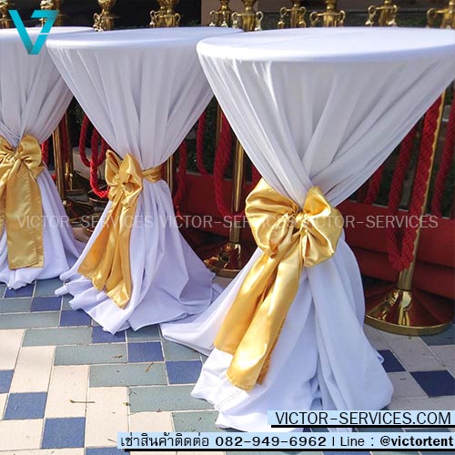 เช่าโต๊ะ - โต๊ะสตูไฟเบอร์สูง คลุมผ้า+ผูกโบว์ สีทอง