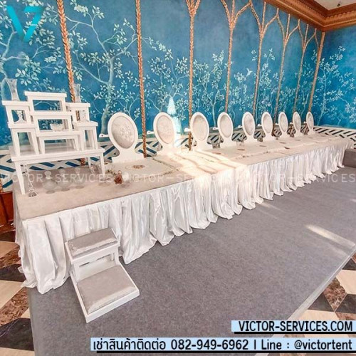 {เซทจัดเต็ม} ชุดเวทีสงฆ์ โต๊ะหมู่+อาสนะ9ที่+เวทียกพื้น สีขาว-เงิน