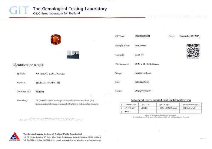 [GIT Certified]บุษราคัม(Yellow Sapphire) 10.08 กะรัต ทรงคุชชั่น แม่โขงอ่อน IF 3