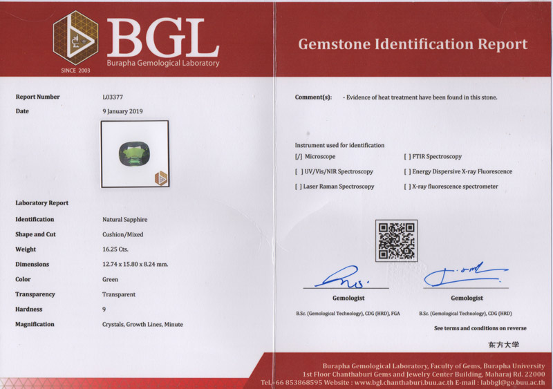[BGL Certified]เขียวส่อง (Green Sapphire) 16.24 กะรัต รูปไข่ 3