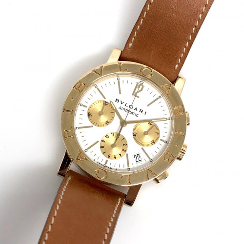Bvlgari BB 38 auto chronograph for man, lady size 38mm หน้าปัดขาวประดับหลักเวลาขีดทองเงา บอกวันที่ตำ 1