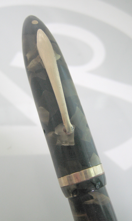 ปากกาหมึกซึม sheaffer life time 1932 USA ตัวด้ามอครีลิคลายหินเขียว ชุดเหน็บเคลือบทอง ปากทอง 18k ฝาขั 3