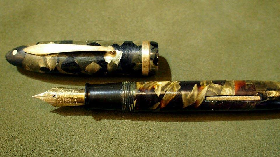 ปากกาหมึกซึม sheaffer life time 1932 USA ตัวด้ามอครีลิคลายหินเขียว ชุดเหน็บเคลือบทอง ปากทอง 18k ฝาขั