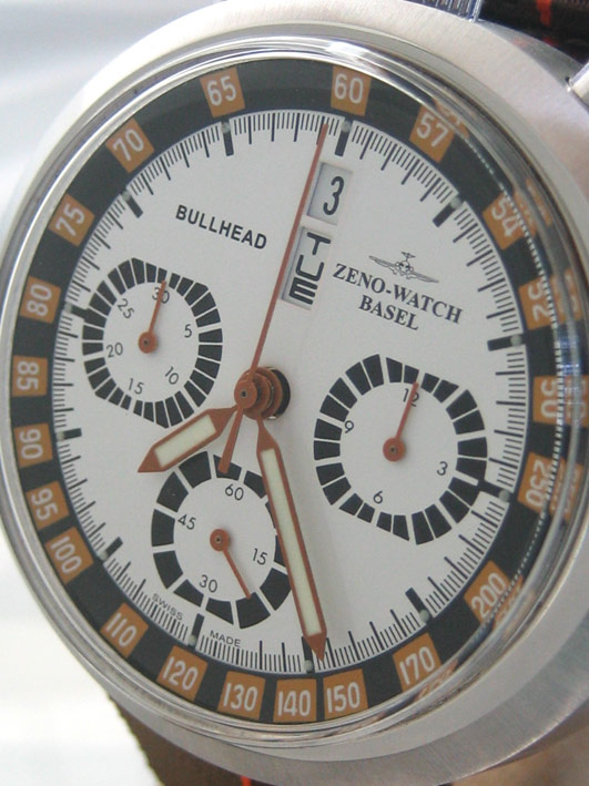 ZENO watch basel BULLHEAD auto chronograph ขนาด king size 43x46 หน้าปัดขาวบอกวันและวันที่ ขอบวงในบอก 2