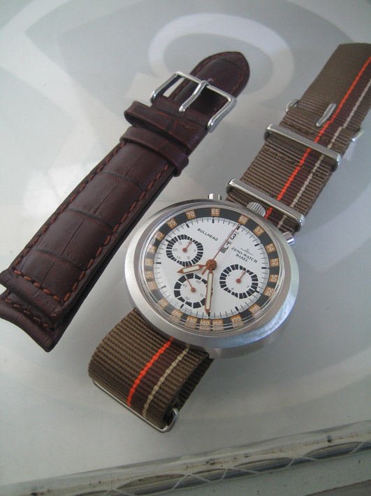 ZENO watch basel BULLHEAD auto chronograph ขนาด king size 43x46 หน้าปัดขาวบอกวันและวันที่ ขอบวงในบอก 5