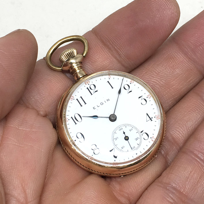 นาฬิกาพก pocket watch 1950 ELGIN original USA ขนาดตัวเรือน 35 mm หน้าปัดขาวเคลือบกระเบื้องเลขอารบิคด 6