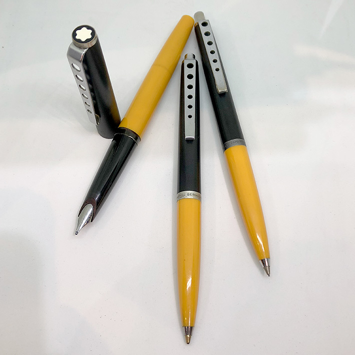ชุดปากกาหมึกแห้ง, หมึกซึม, ดินสอ montblanc carrera 1970 ตัวด้ามอครีลิคดำสลับเหลือง ชุดเหน็บดีไซน์พวง