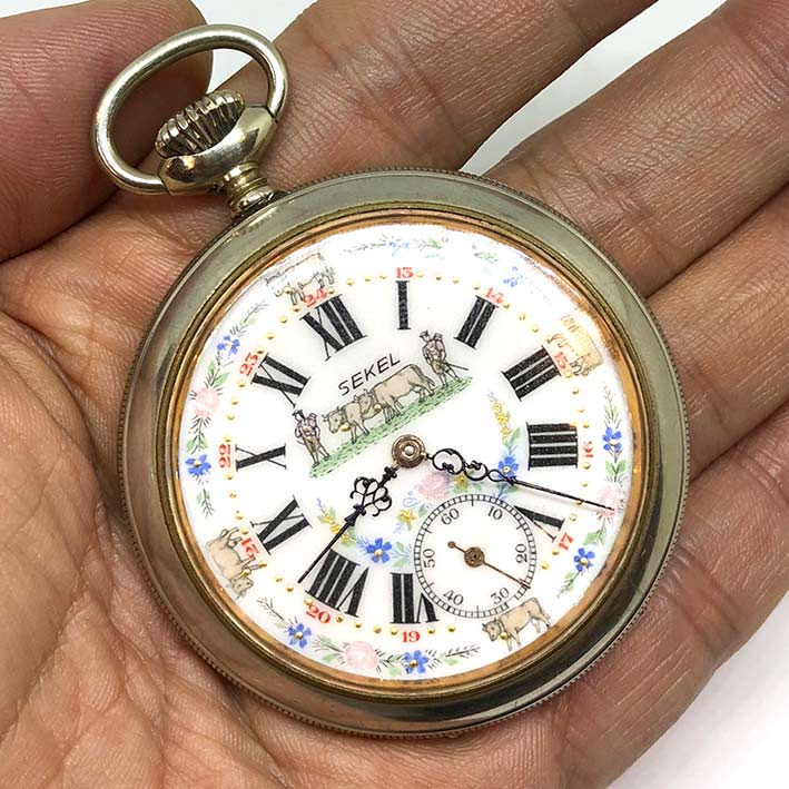 นาฬิกาพกไขลาน SEKEL Pocket watch 1900 ขนาดตัวเรือน 54 mm หน้าปัดกระเบื้องขาวพิมพ์โรมันดำ และลวดลายตุ
