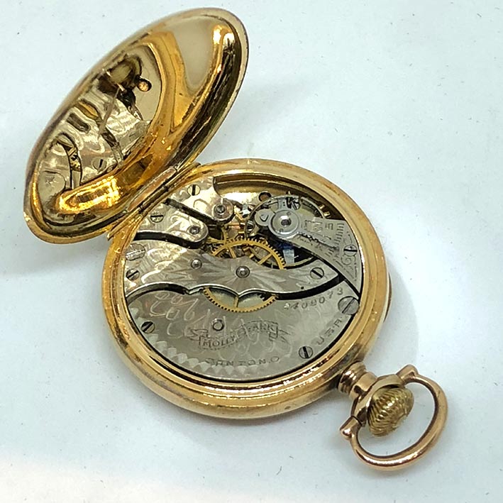 นาฬิกาพกไขลาน HAMPDEN pocket watch 1900 ขนาดตัวเรือน 32 mm หน้าปัดกระเบื้องขาวพิมพ์โรมันดำ เดินเวลา 3
