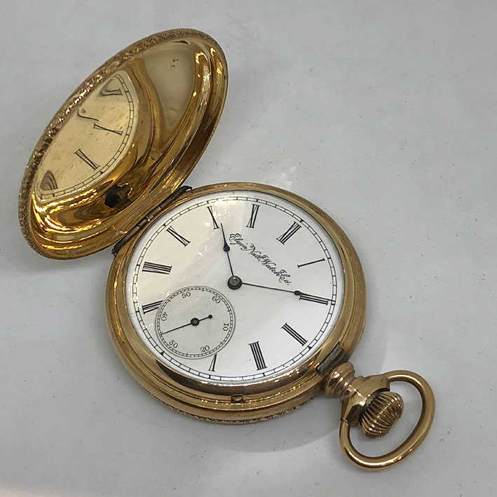นาฬิกาพกไขลาน ELGIN NATL WATCH CO, pocket watch 1900 ขนาดตัวเรือน 51 mm หน้าปัดกระเบื้องขาวพิมพ์โรมั 5