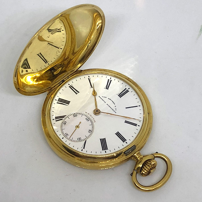 นาฬิกาพกไขลาน Zenith pocket watch 1900 ขนาด ตัวเรือน 47 mm หน้าปัดขาวกระเบื้องพิมพ์อารบิคดำ เดินเวลา